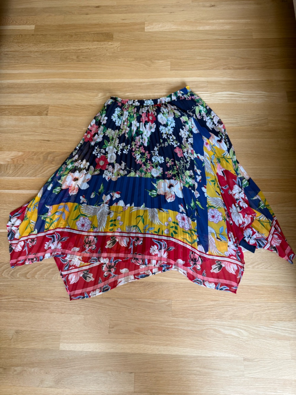 Anthropologie Floral Pleated Midi Skirt in Navy, Red, Yellow, Green